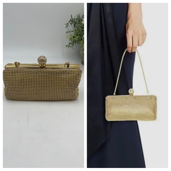 Whiting & Davis Gold Crystal‎ Ball Metal Mesh Evening Party Clutch Bag Purse - Picture 1 of 16